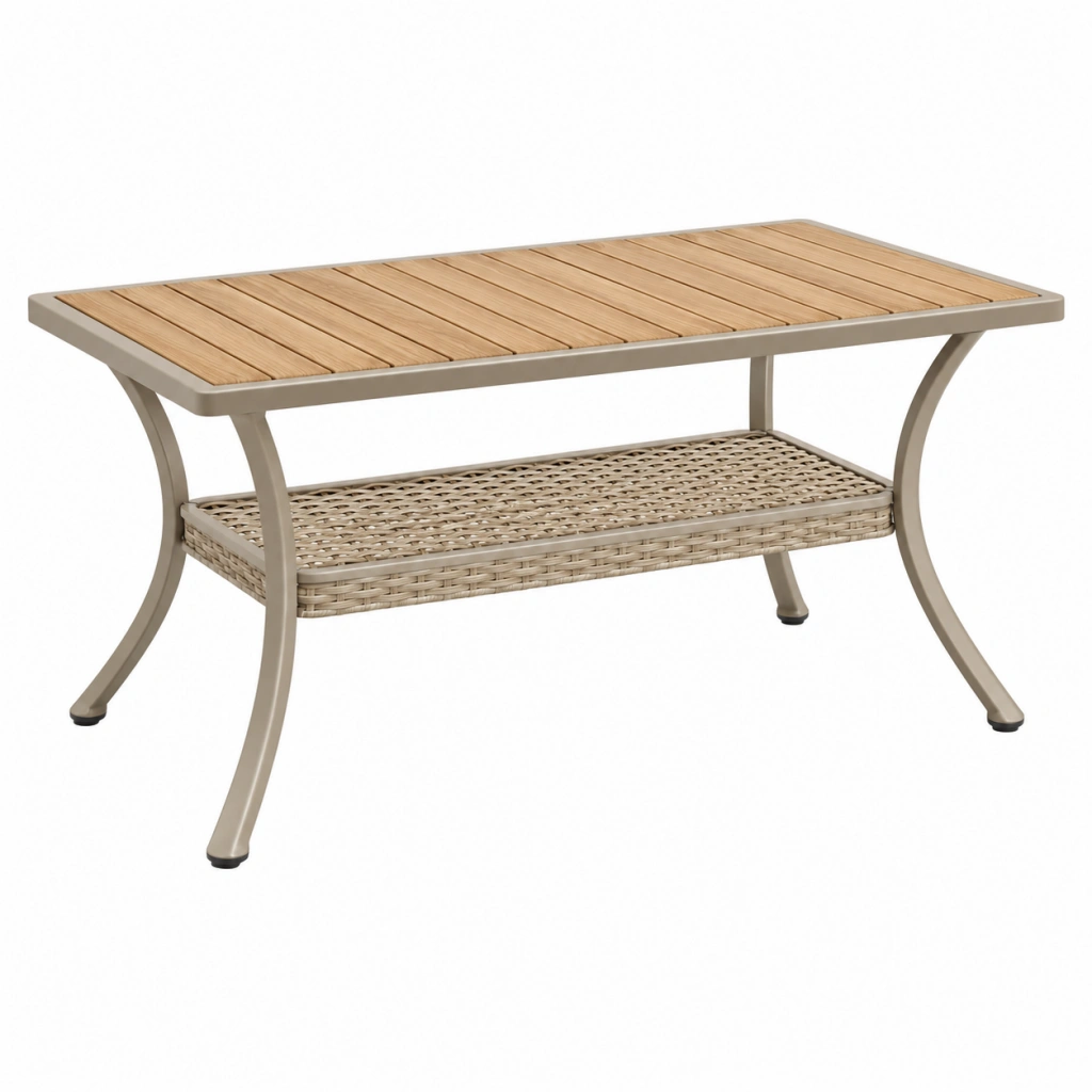 Gartentisch 120 x 60 x 45 cm Aluminium Holz Beige Natur - rechteckiger Couchtisch mit Ablage