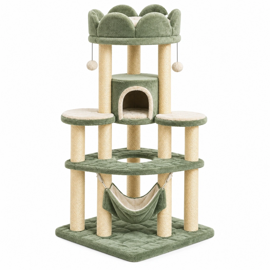 Kratzbaum 60 x 60 x 170 cm Grün Beige mit Sisalstämmen Katzenhöhle Hängematte und Spielbällen