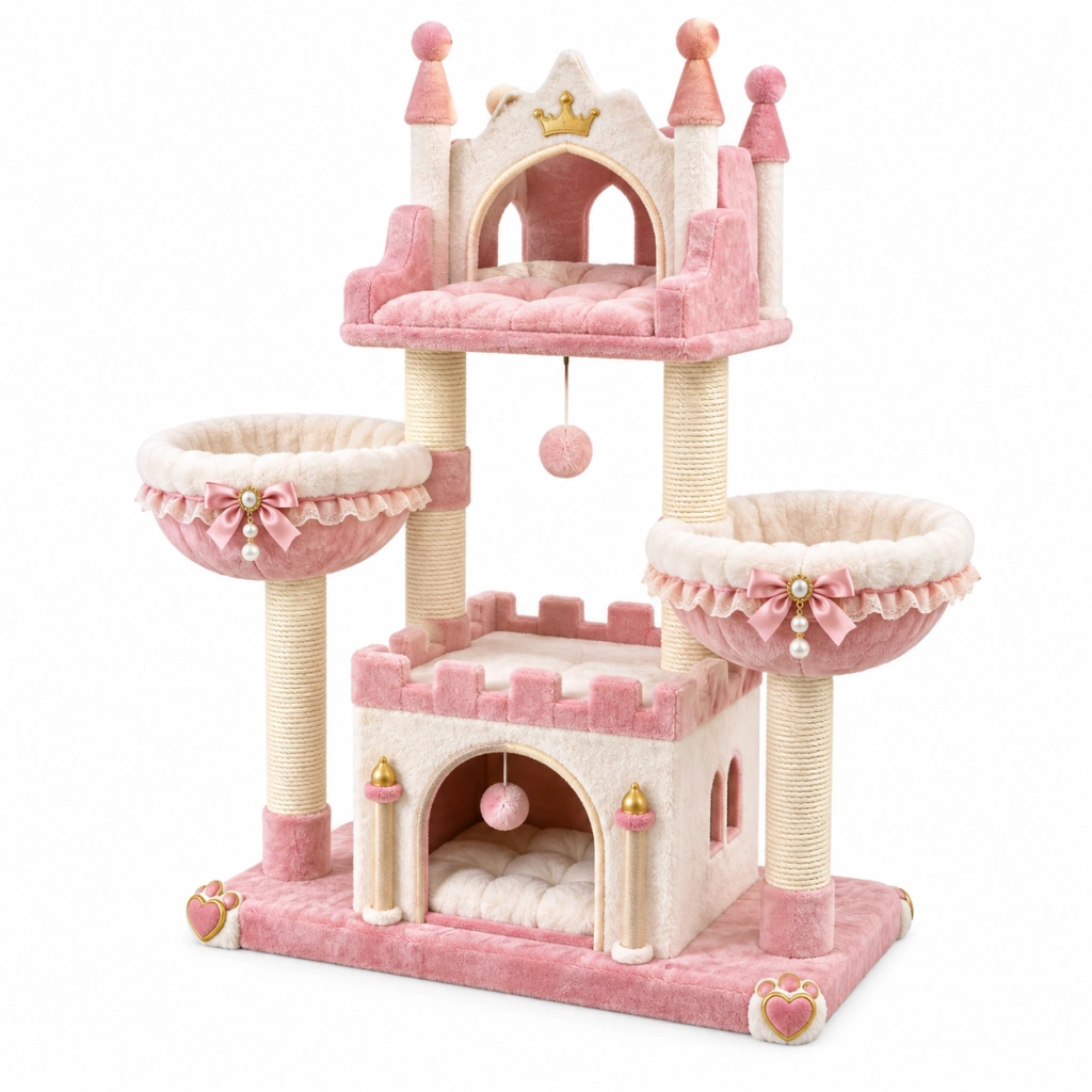 Katzenkratzbaum 60 x 60 x 150 cm aus Plüsch und Sisal in Rosa/Creme im Schlossdesign