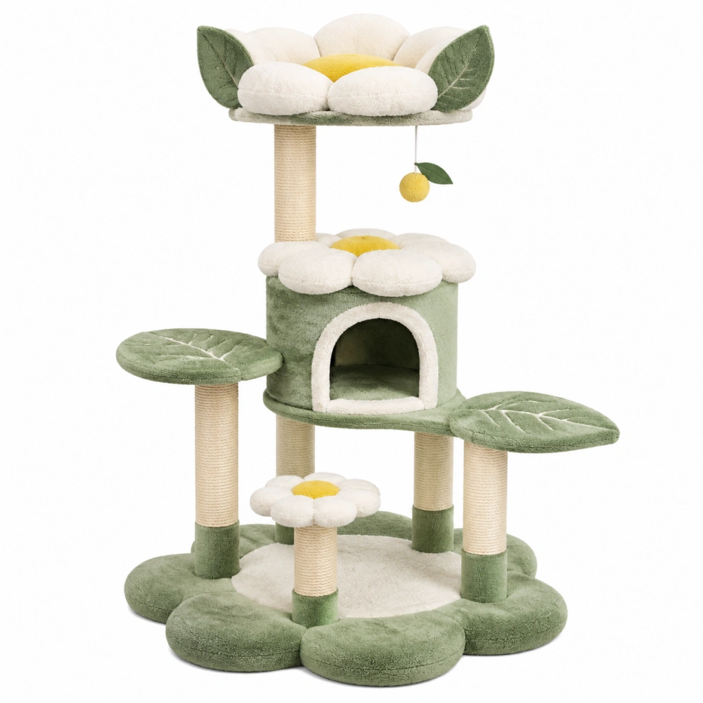 Kratzbaum 60 x 50 x 100 cm Grün Creme aus Plüsch und Sisal mit Katzenhöhle Liegeflächen und Spielball