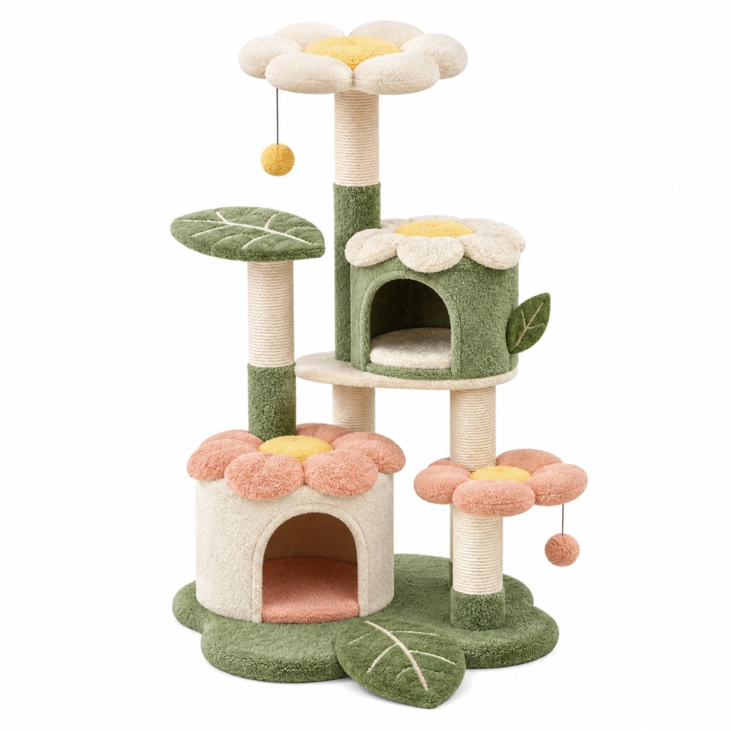 Katzenkratzbaum 60 x 50 x 145 cm aus Plüsch und Sisal Grün Creme Rosa mit Blumenhöhlen