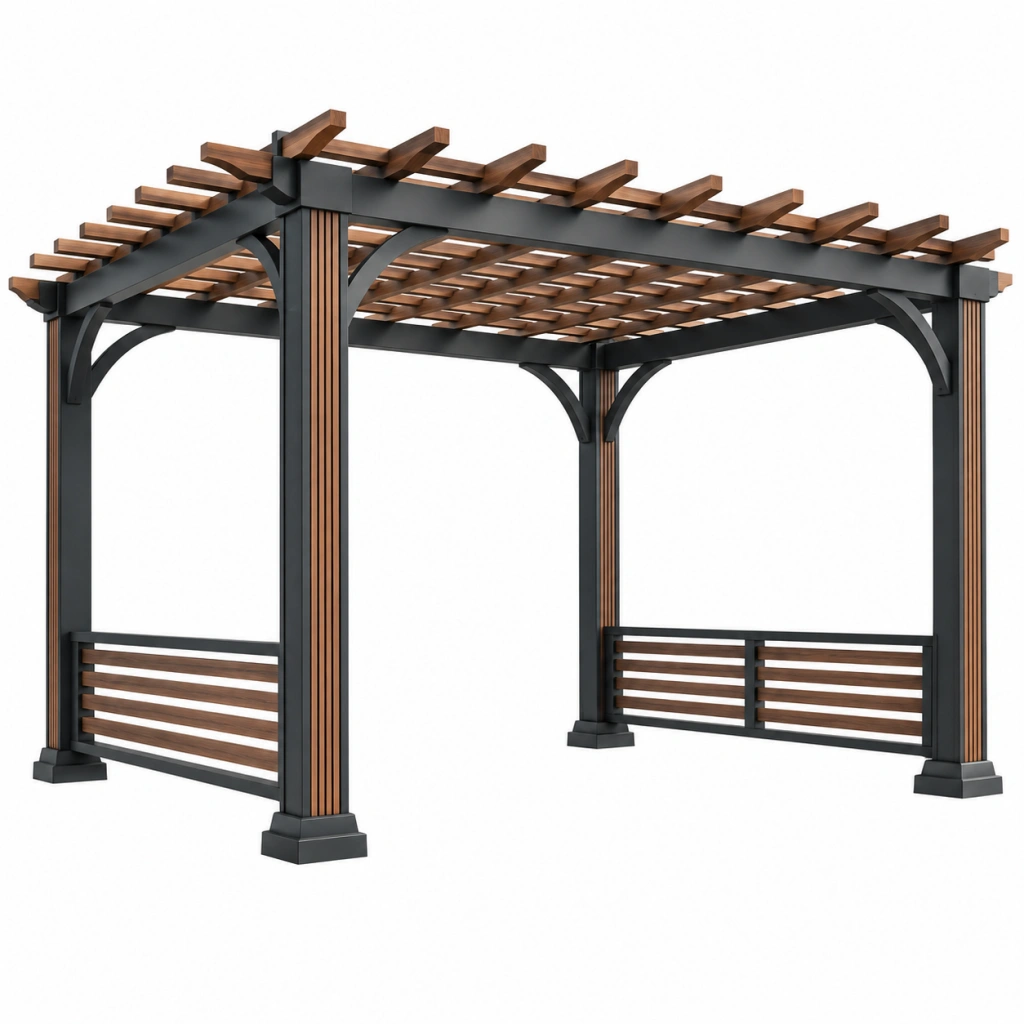 Pergola 300 x 300 x 230 cm aus Stahl und Holz Braun Schwarz - Lamellendach für Garten