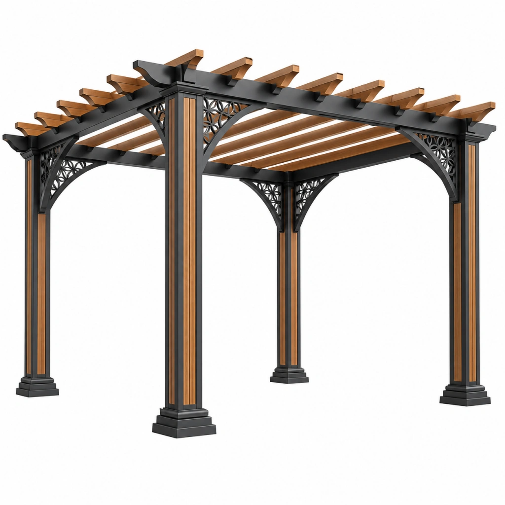 Pergola 300 x 300 x 250 cm aus Metall und Holz in Schwarz Braun mit offenem Lamellendach