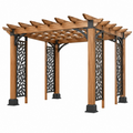 Gartenpergola 305 x 305 x 230 cm aus Holz und Metall in Braun Schwarz mit Latten­dach und Rankgittern