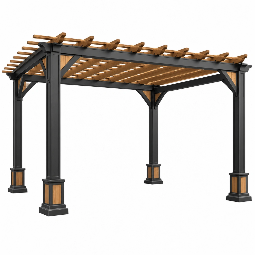 Pergola 400 x 300 x 250 cm aus Metall und Holz in Schwarz Braun - offene Gartenüberdachung
