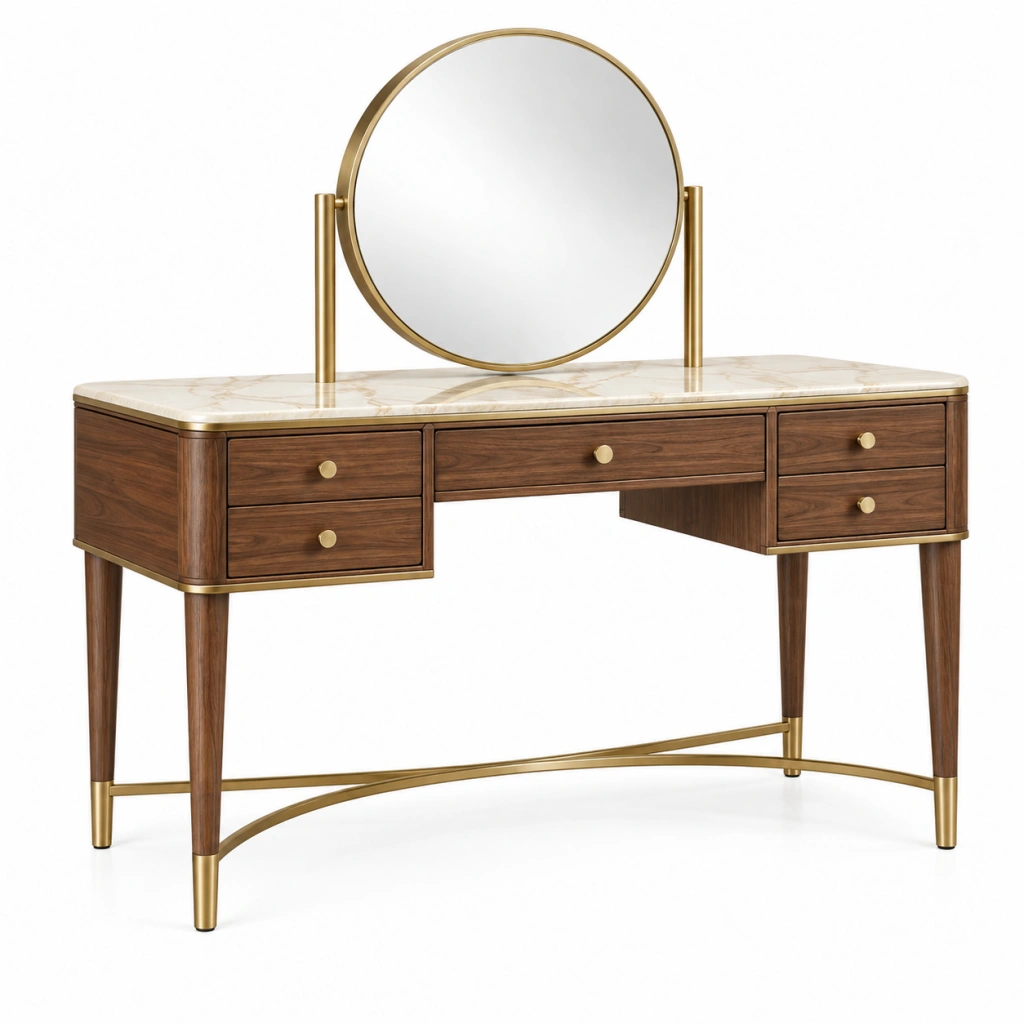 Schminktisch 120 cm Holzwerkstoff Braun Gold mit Spiegel und 5 Schubladen