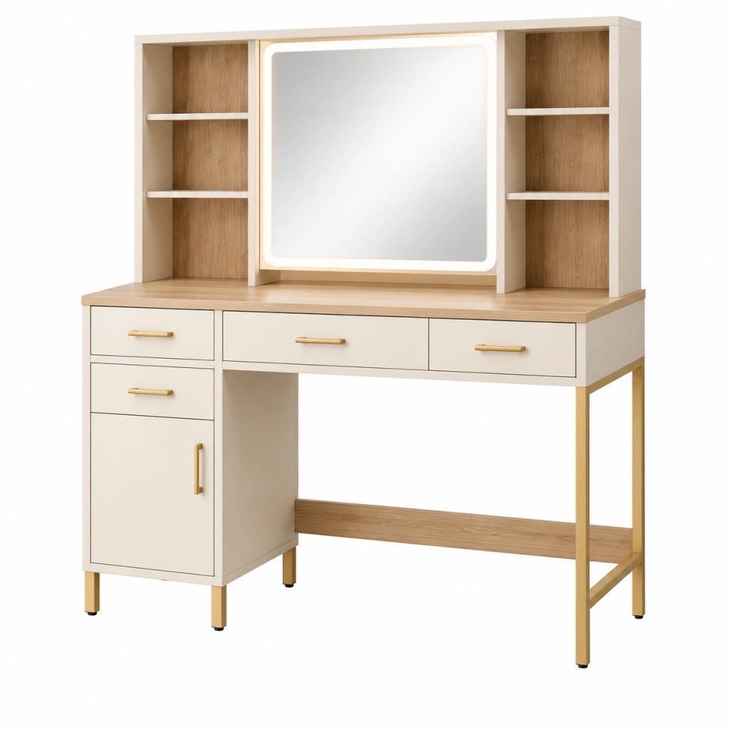 Schminktisch 120 x 50 x 150 cm Holzwerkstoff Weiß Eichefarben mit LED Spiegel und Stauraum