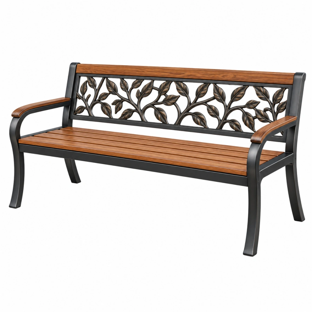 Gartenbank 125 x 60 x 85 cm aus Holz und Metall Braun Schwarz mit Blättermuster