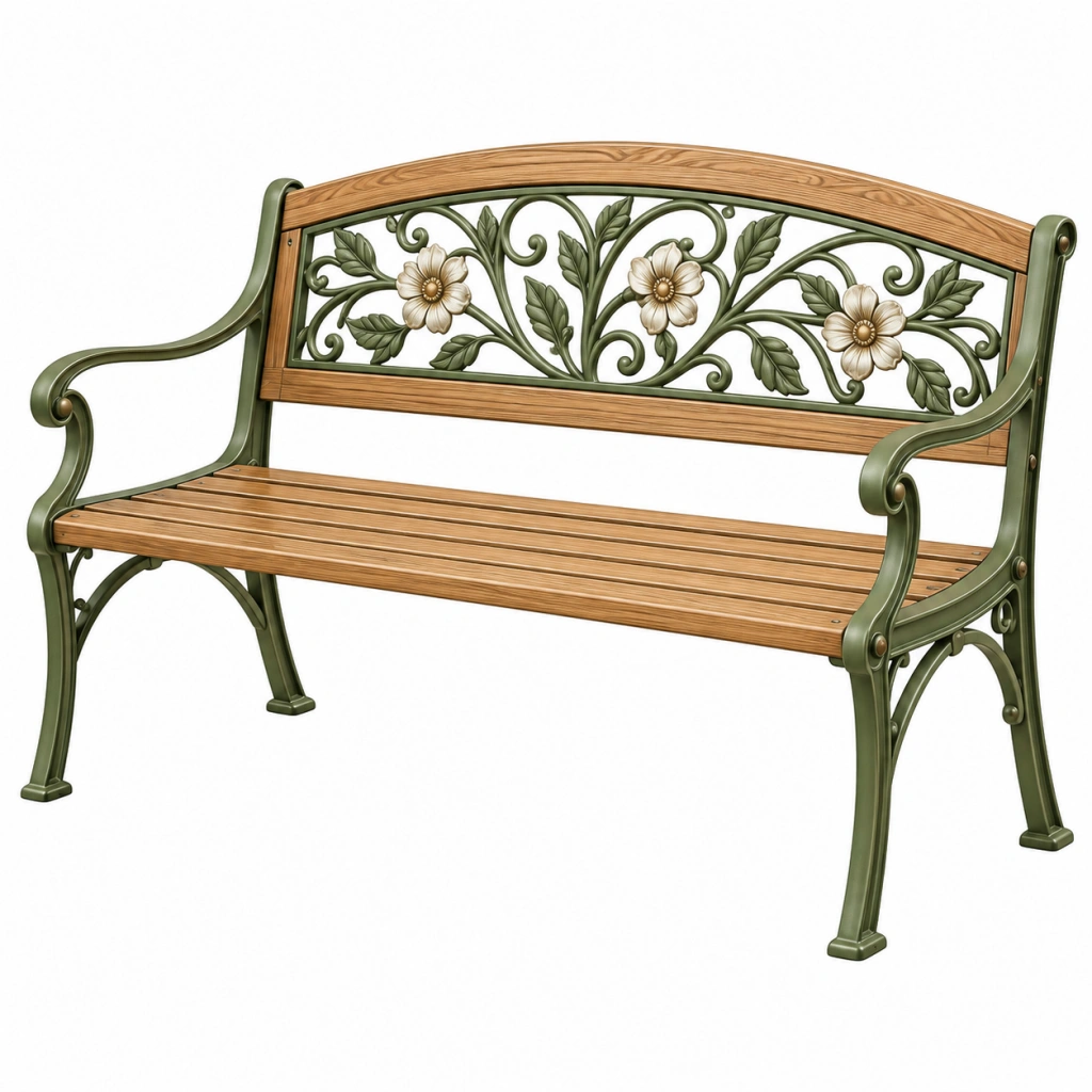 Gartenbank 125 x 60 x 90 cm Holz Metall Grün Braun mit Blumenornamenten