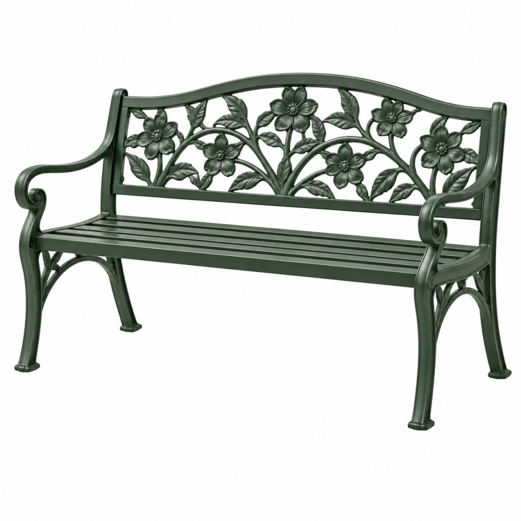 Gartenbank 122 cm aus Metall dunkelgrün mit Blumenmuster klassisch für Außenbereich