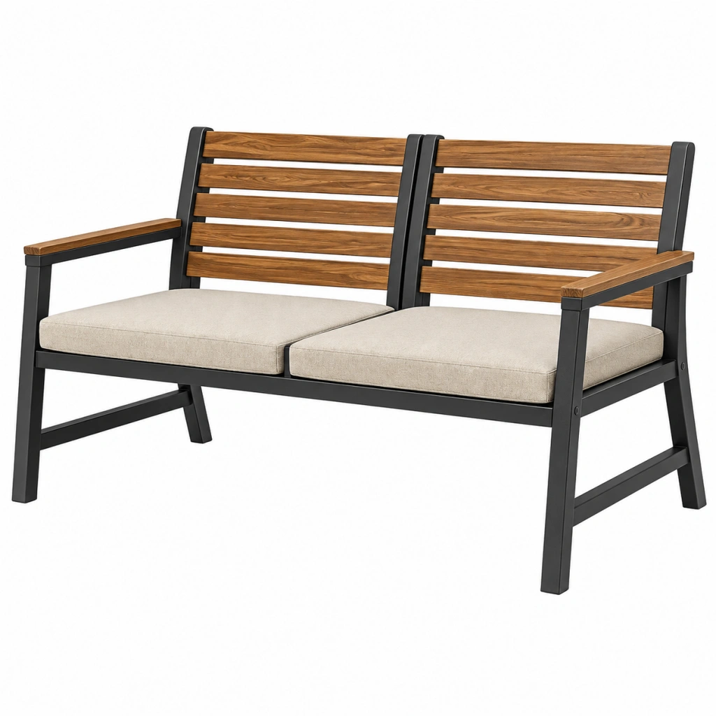 Gartenbank 125 x 70 x 90 cm aus Holz und Metall in Braun Schwarz mit gepolsterter Sitzfläche